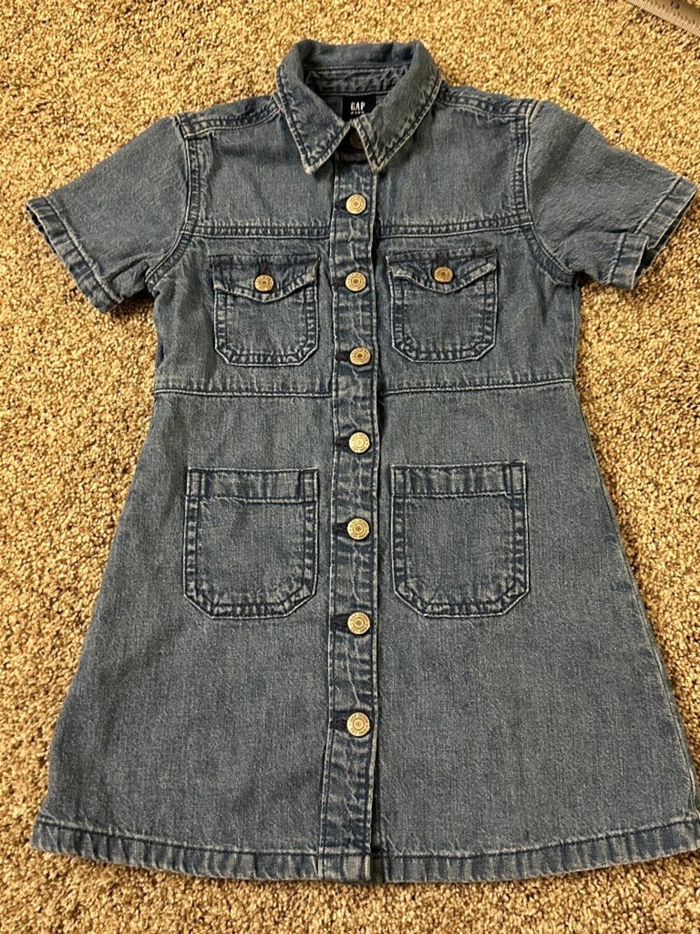 Baby Gap Kids SNAP FRONT DENIM DRESS girls XS 4-5 4/5 POCKETS! EUC